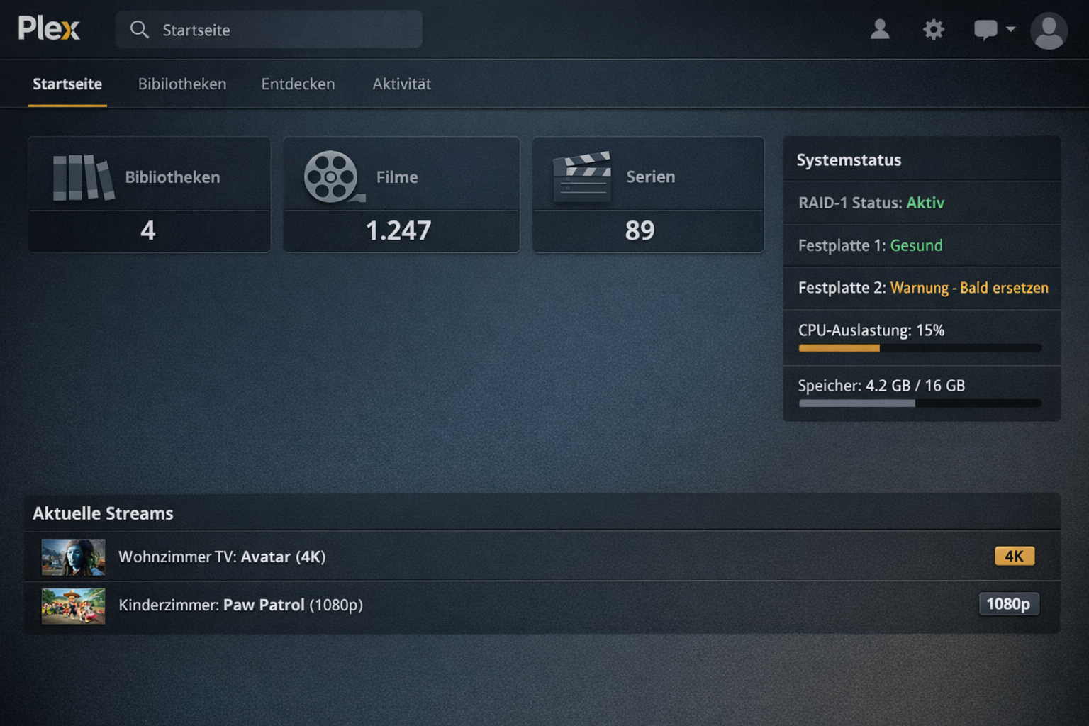 Plex Media Server Dashboard mit RAID-Status-Überwachung und aktiven Streaming-Verbindungen im Home Server