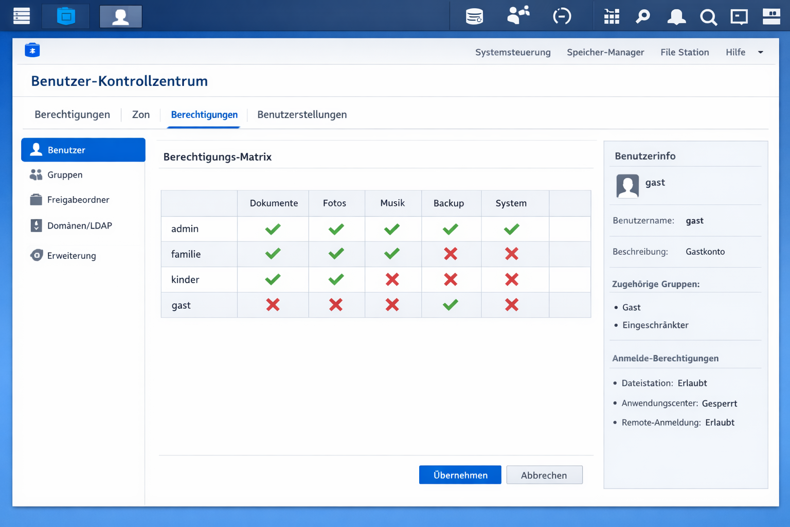 NAS-Web-Interface Screenshot der Benutzer-Berechtigungsmatrix mit Ordnerzugriffen