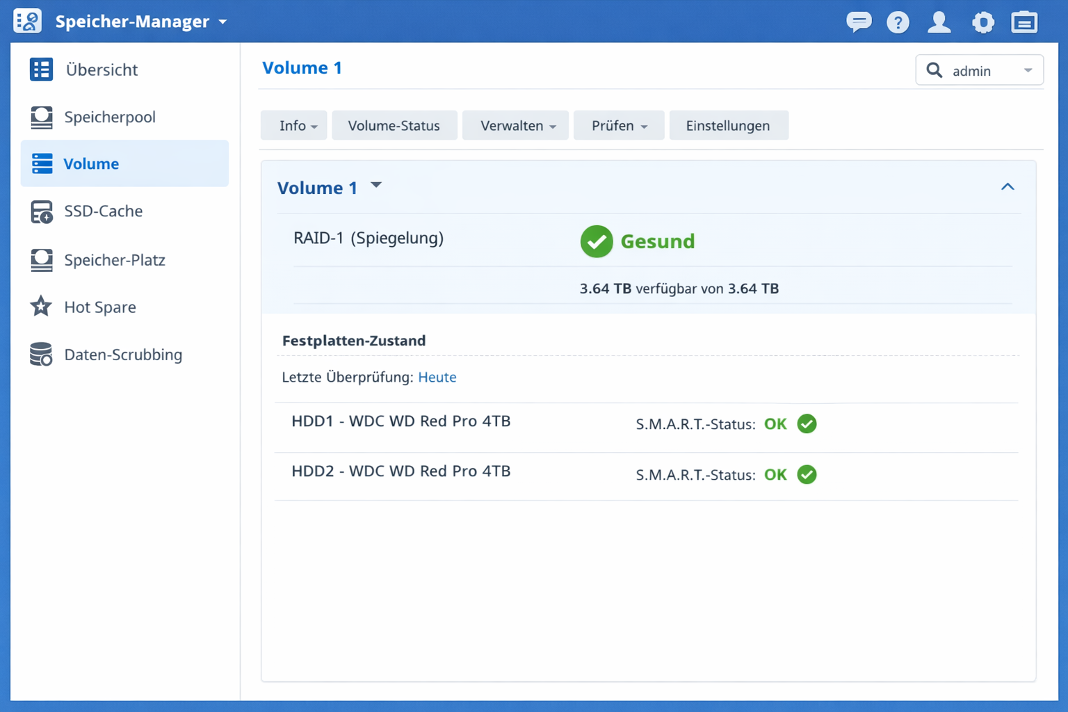 Synology DSM Storage Manager Interface mit gesundem RAID-1 Status und WD Red Pro Festplatten