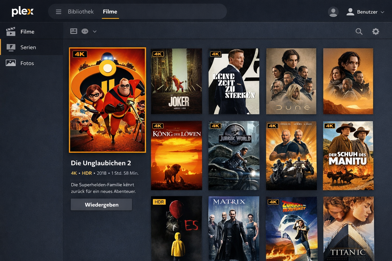 Plex Media Server Benutzeroberfläche mit 4K-Filmsammlung und deutscher Lokalisierung