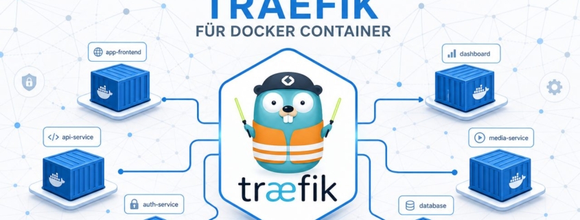Reverse Proxy für Docker Container mit Traefik einrichten – Titelbild für Reverse Proxy mit Traefik für Docker Container, zeigt Traefik-Logo und Docker-Container in einem Netzwerk.