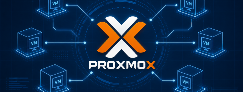 Virtuelle Maschinen in Proxmox richtig konfigurieren – Titelbild für Proxmox VM Konfiguration mit Proxmox-Logo und virtuellen Maschinen