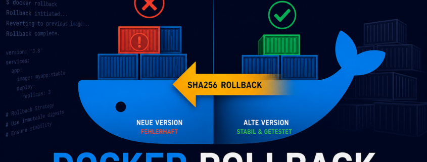 Docker Update schlägt fehl: Fehler beheben & Rollback – Docker Rollback Titelbild: Fehlerhafte neue Version mit rotem X und funktionierende alte Version mit grünem Haken, verbunden durch gelben SHA256-Rückwärts-Pfeil