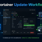 Portainer Update-Workflow: Container per GUI updaten – Portainer Container Update-Workflow Hero-Bild mit Docker-Symbolen und GUI-Interface