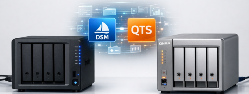 Synology vs QNAP: NAS-Vergleich für Anfänger und Kaufentscheidung – Synology vs QNAP NAS-Vergleich - Zwei NAS-Geräte nebeneinander für Kaufentscheidung
