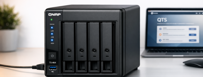 QNAP Ersteinrichtung: QTS Installation Schritt für Schritt – QNAP NAS TS-464 bei der Ersteinrichtung mit QTS Installation auf Laptop im Hintergrund
