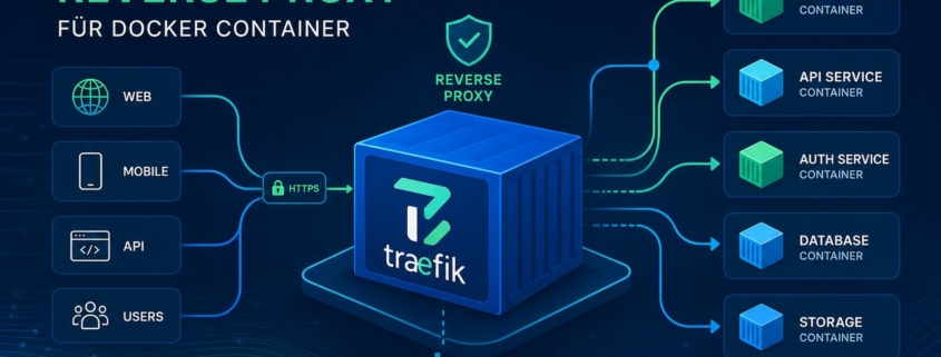 Traefik für Docker Container: Schritt-für-Schritt Anleitung – Titelbild für Traefik als Reverse Proxy für Docker Container mit Netzwerkverbindungen