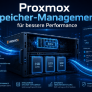 Proxmox Speicher-Management für bessere Performance – Hero-Bild für Proxmox Speicher-Management, zeigt Server mit RAM und SSDs, umgeben von Datenströmen.