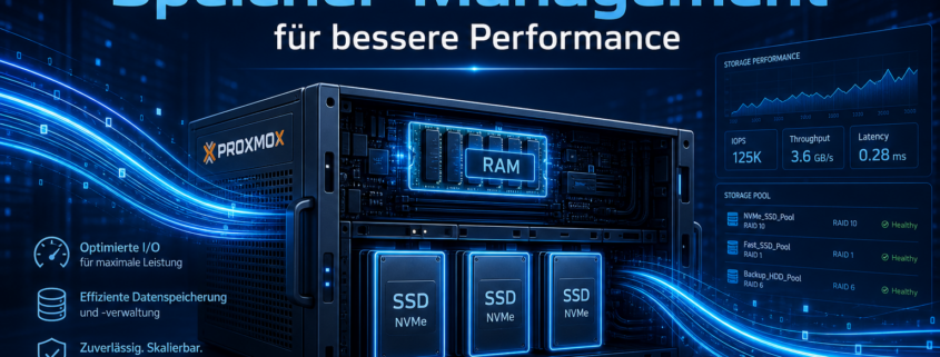 Proxmox Speicher-Management für bessere Performance – Hero-Bild für Proxmox Speicher-Management, zeigt Server mit RAM und SSDs, umgeben von Datenströmen.