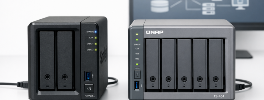 QNAP vs Synology 2026: Welches NAS ist besser? – QNAP vs Synology NAS Vergleich - DS220+ und TS-464 Geräte nebeneinander