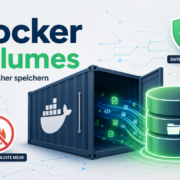 Docker Volumes erklärt: Daten sicher speichern – Docker Volumes Titelbild mit Container, Datenbankzylinder und Datensicherheits-Symbolen
