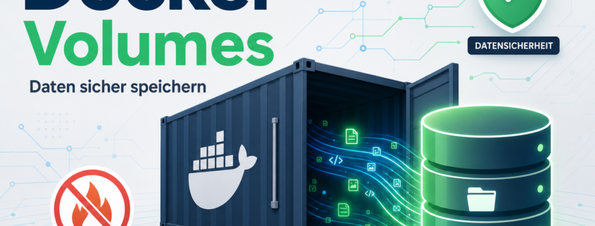 Docker Volumes erklärt: Daten sicher speichern – Docker Volumes Titelbild mit Container, Datenbankzylinder und Datensicherheits-Symbolen