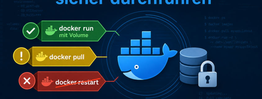 Docker Container Updates durchführen ohne Datenverlust – Docker Container Updates sicher durchführen — Titelbild mit Docker-Logo, Datensicherheits-Symbolen und korrektem Update-Workflow