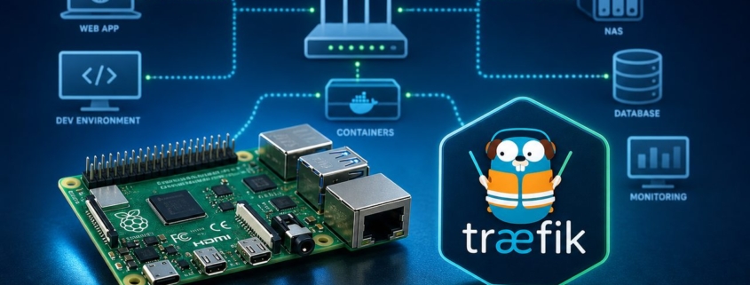 Traefik auf einem Raspberry Pi installieren und nutzen – Hero-Bild für die Installation von Traefik auf einem Raspberry Pi, mit Traefik-Logo und Netzwerkdarstellung.