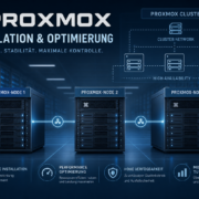Proxmox Installation: Best Practices für Leistung – Titelbild für Proxmox Installation und Optimierung mit stilisiertem Rechenzentrum und Cluster-Struktur