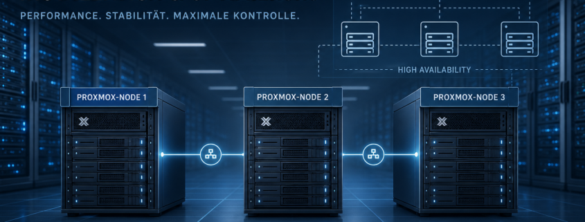 Proxmox Installation: Best Practices für Leistung – Titelbild für Proxmox Installation und Optimierung mit stilisiertem Rechenzentrum und Cluster-Struktur