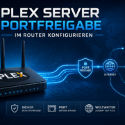 Plex Server Portfreigabe im Router korrekt konfigurieren – Titelbild für die Konfiguration der Plex Server Portfreigabe im Router mit Router und Plex-Logo