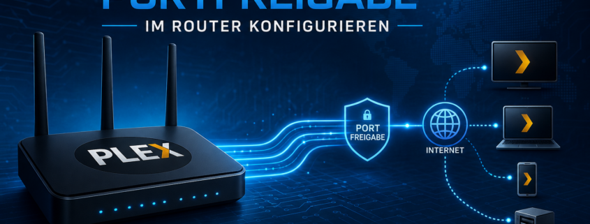 Plex Server Portfreigabe im Router korrekt konfigurieren – Titelbild für die Konfiguration der Plex Server Portfreigabe im Router mit Router und Plex-Logo