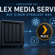Plex Media Server auf Synology NAS einrichten Plex Media Server auf Synology NAS einrichten – Titelbild für die Einrichtung des Plex Media Servers auf Synology NAS, zeigt Synology NAS und Plex-Logo mit Medien-Icons