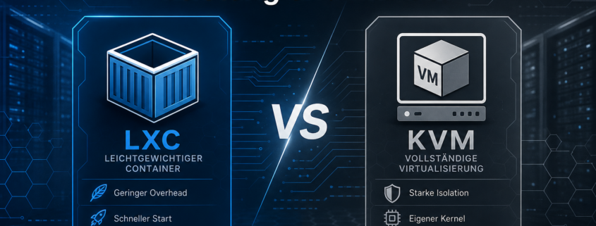 Titelbild für LXC vs KVM in Proxmox: Leistung und Einsatz mit stilisierten Icons für LXC und KVM.