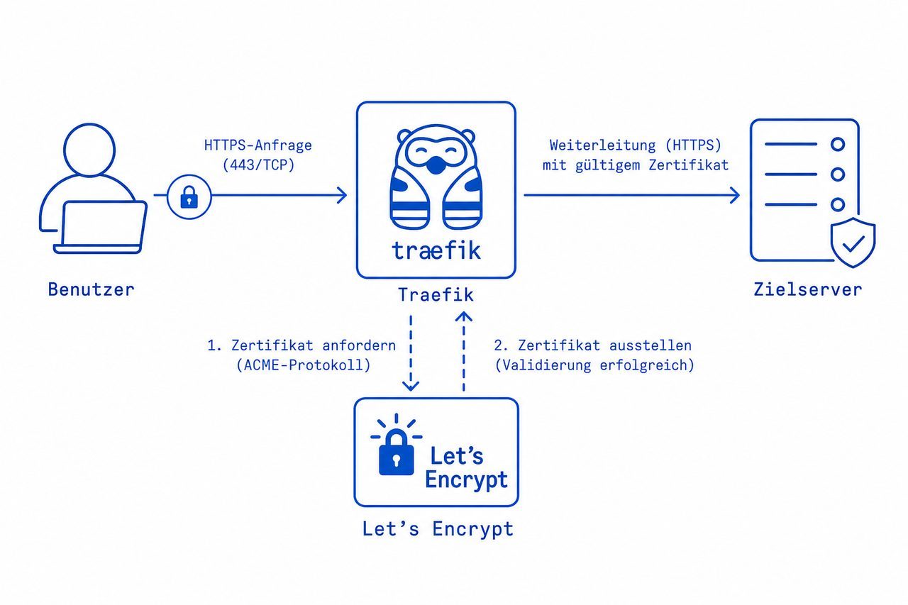 Architekturdiagramm der SSL-Zertifikatsverwaltung mit Traefik und Let's Encrypt