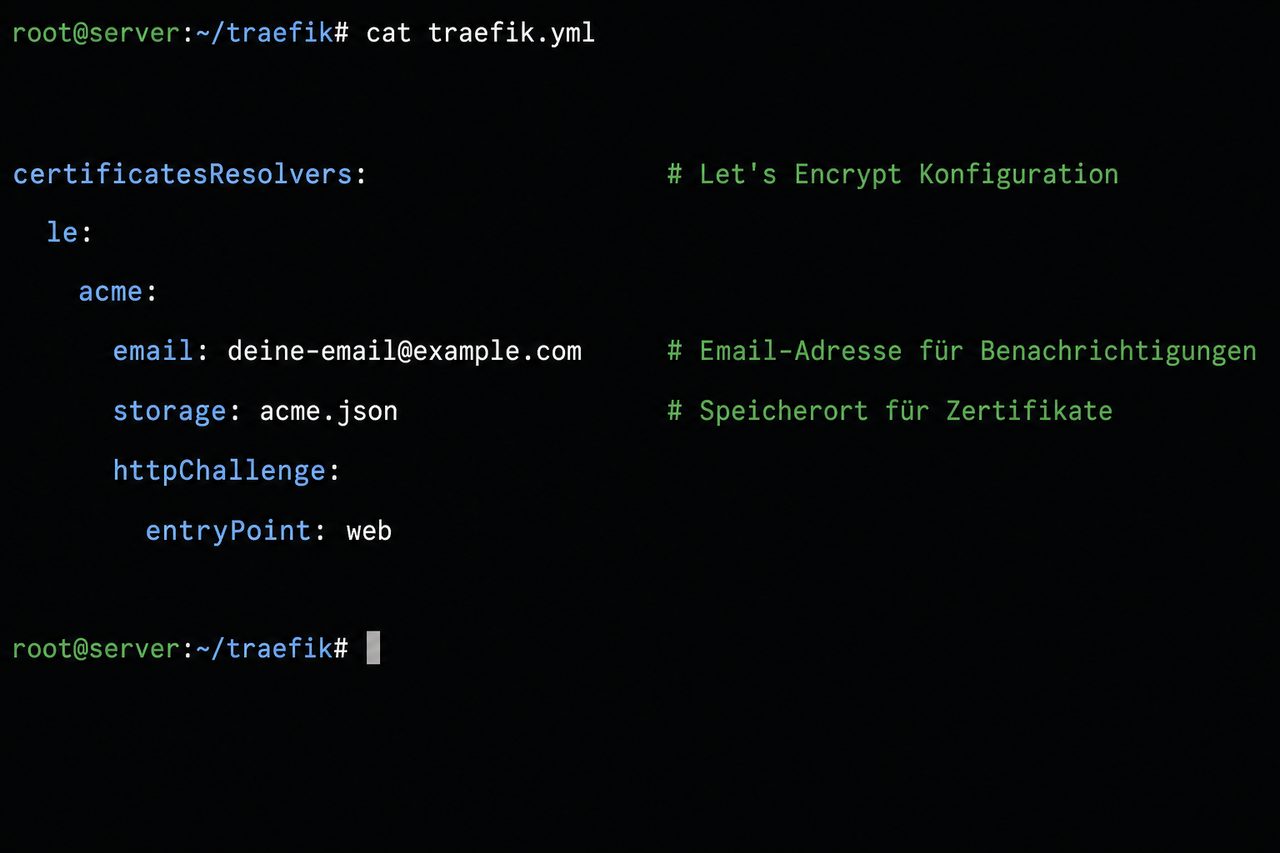 Screenshot der Traefik YAML-Konfiguration für automatische SSL-Erneuerung