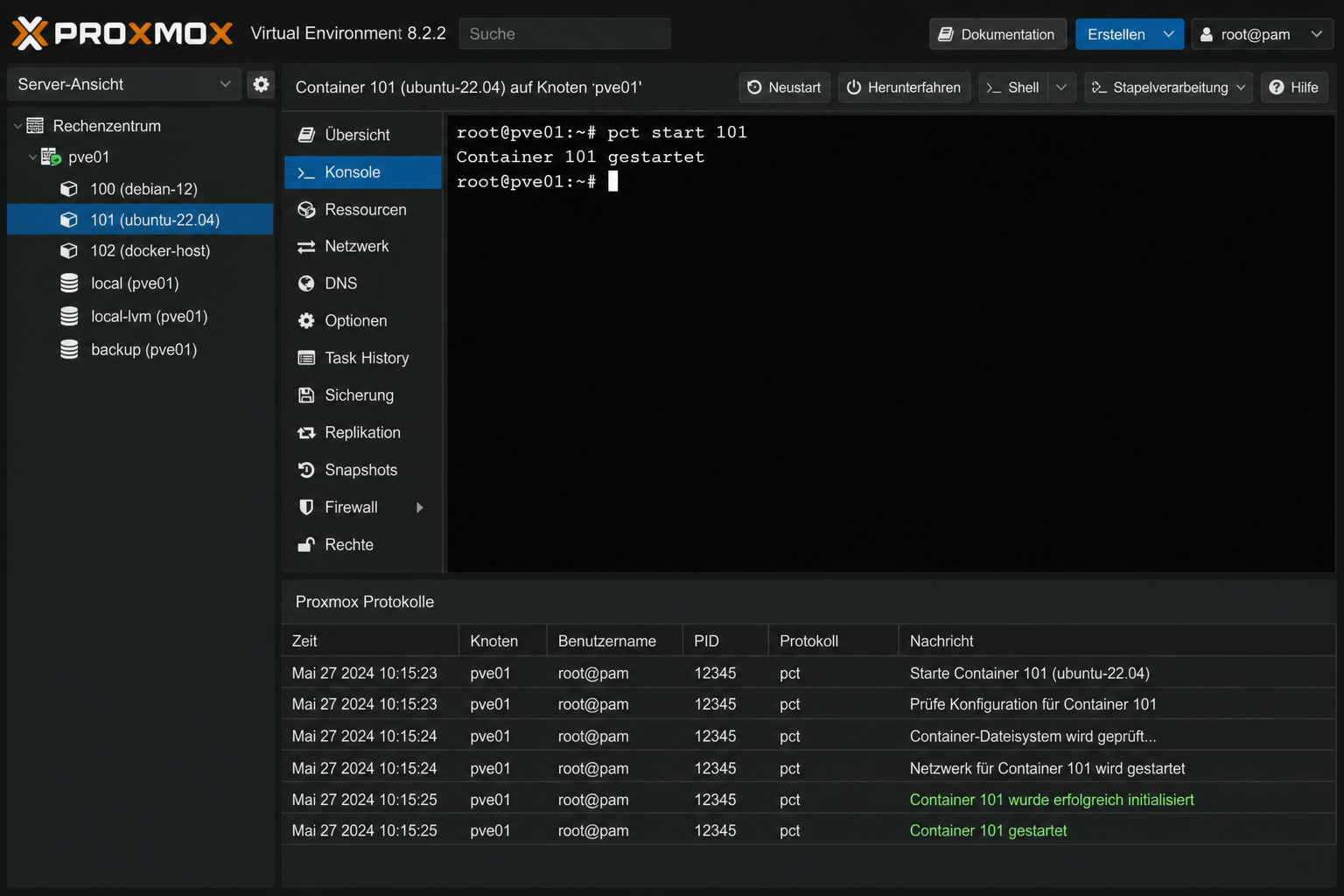 Terminal-Screenshot in Proxmox zeigt LXC-Containerstart und Protokollauszug.