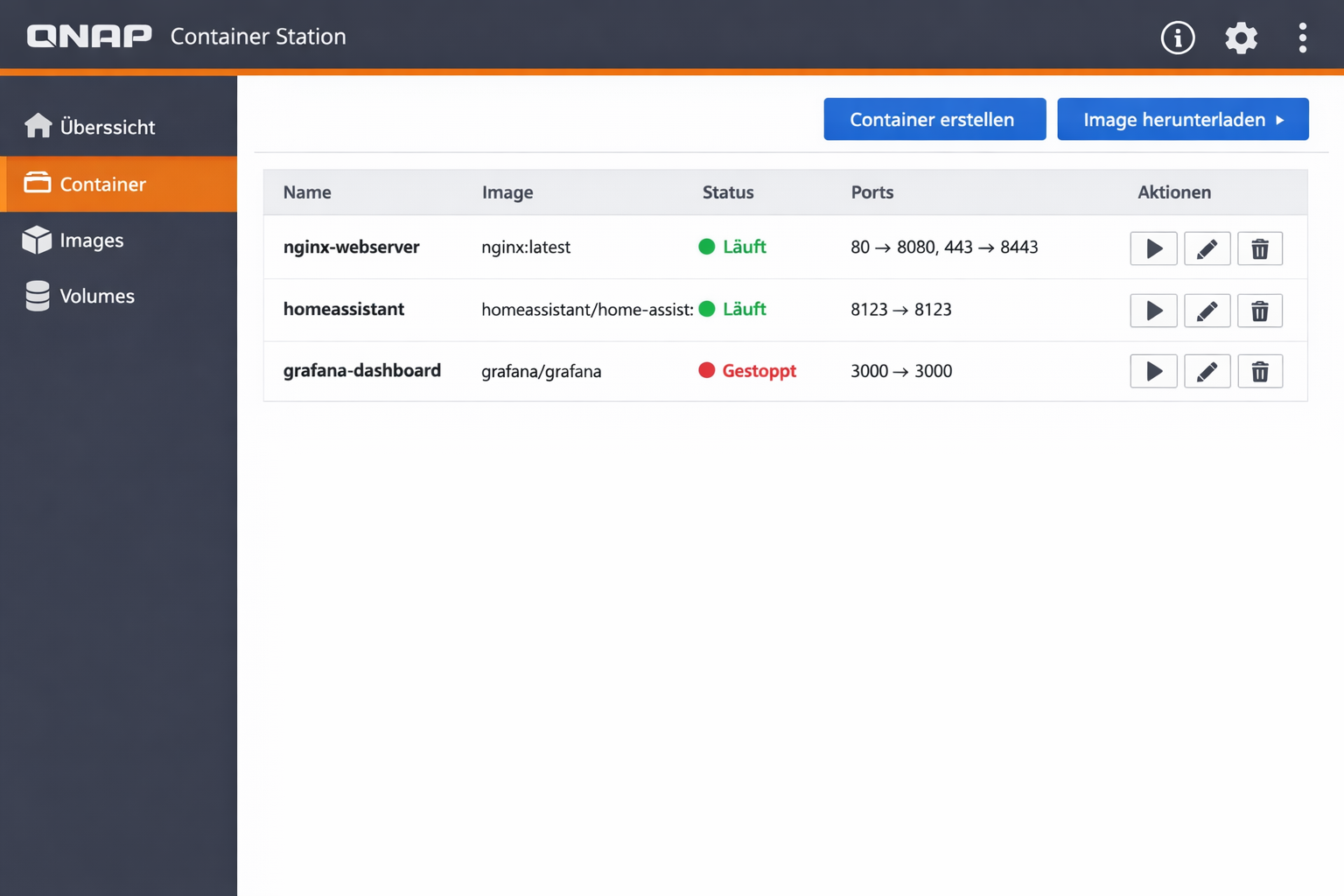 QNAP Container Station Dashboard mit laufenden Docker-Containern und deutscher Benutzeroberfläche