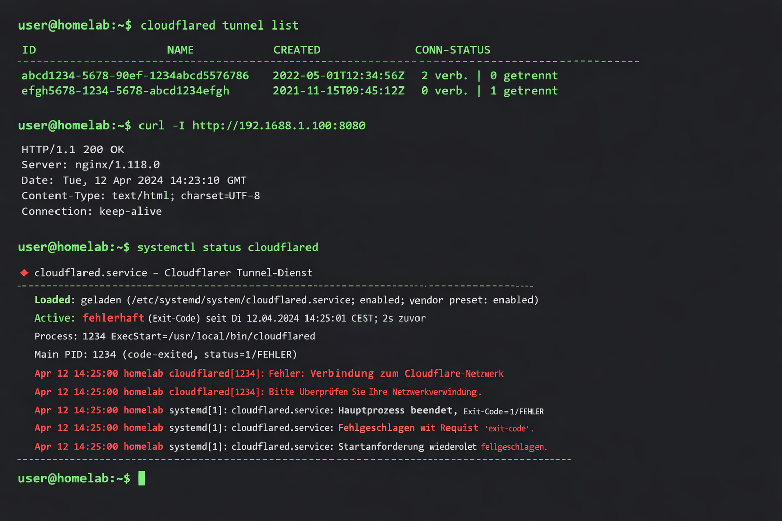 Terminal-Session zur Cloudflare Tunnel Fehlerdiagnose mit Debugging-Befehlen und Statusausgaben