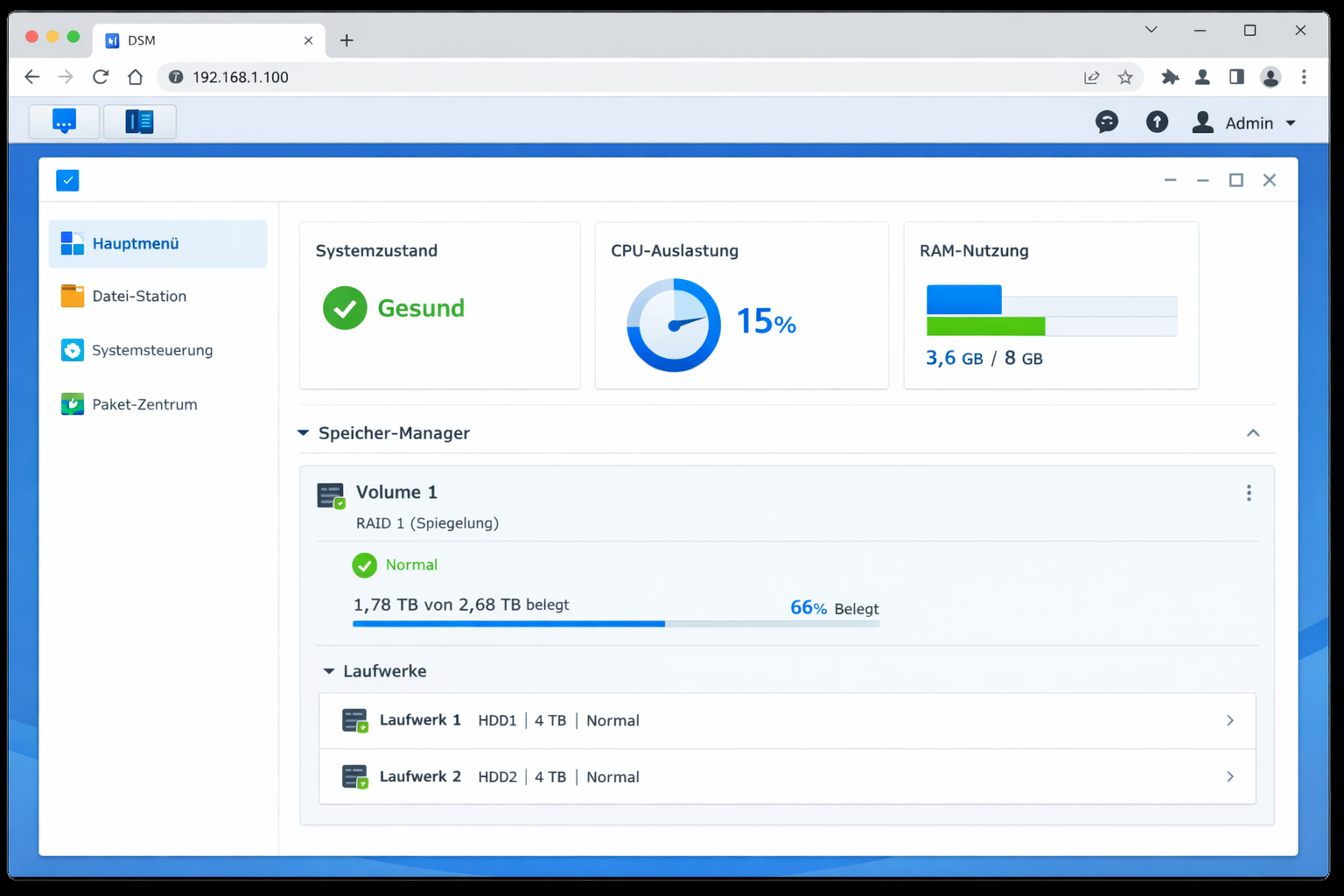 Synology DSM Benutzeroberfläche Screenshot mit deutscher Spracheinstellung und System-Dashboard