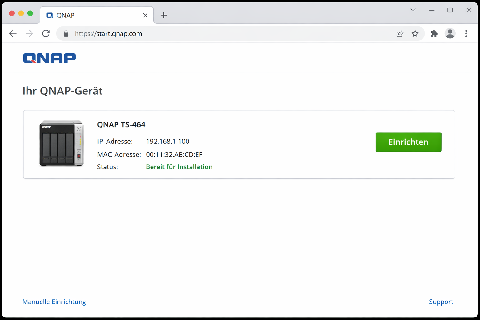 QNAP Finder Browser-Interface zeigt erkanntes TS-464 NAS mit IP 192.168.1.100 zur Installation