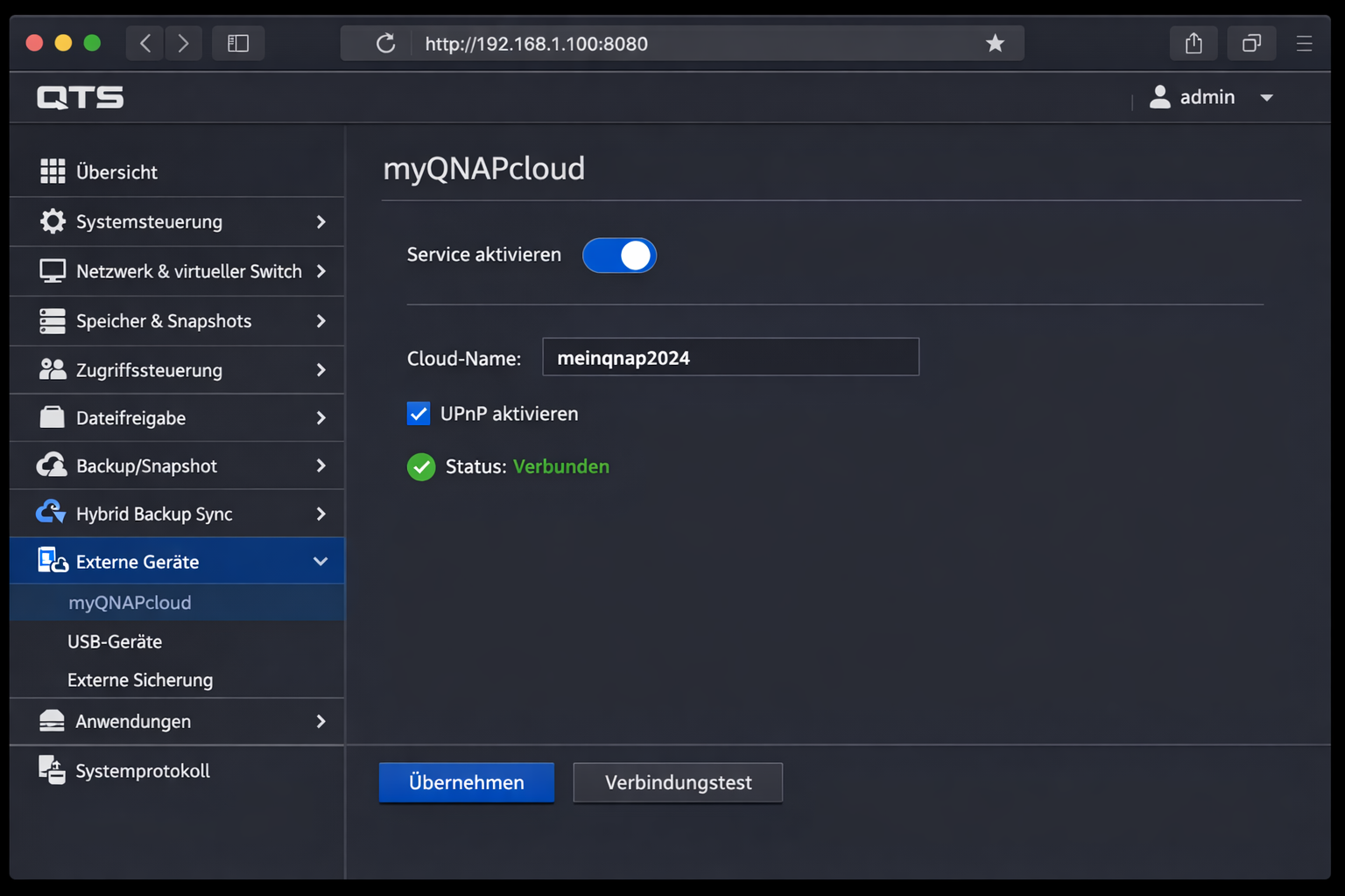QNAP QTS myQNAPcloud Konfiguration Interface mit aktivierten Einstellungen
