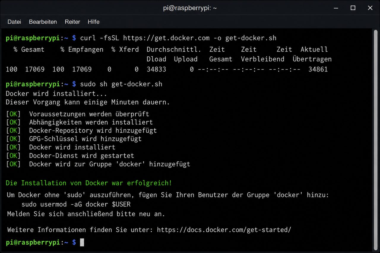 Terminal-Screenshot der Docker-Installation auf einem Raspberry Pi mit deutschen Befehlen.