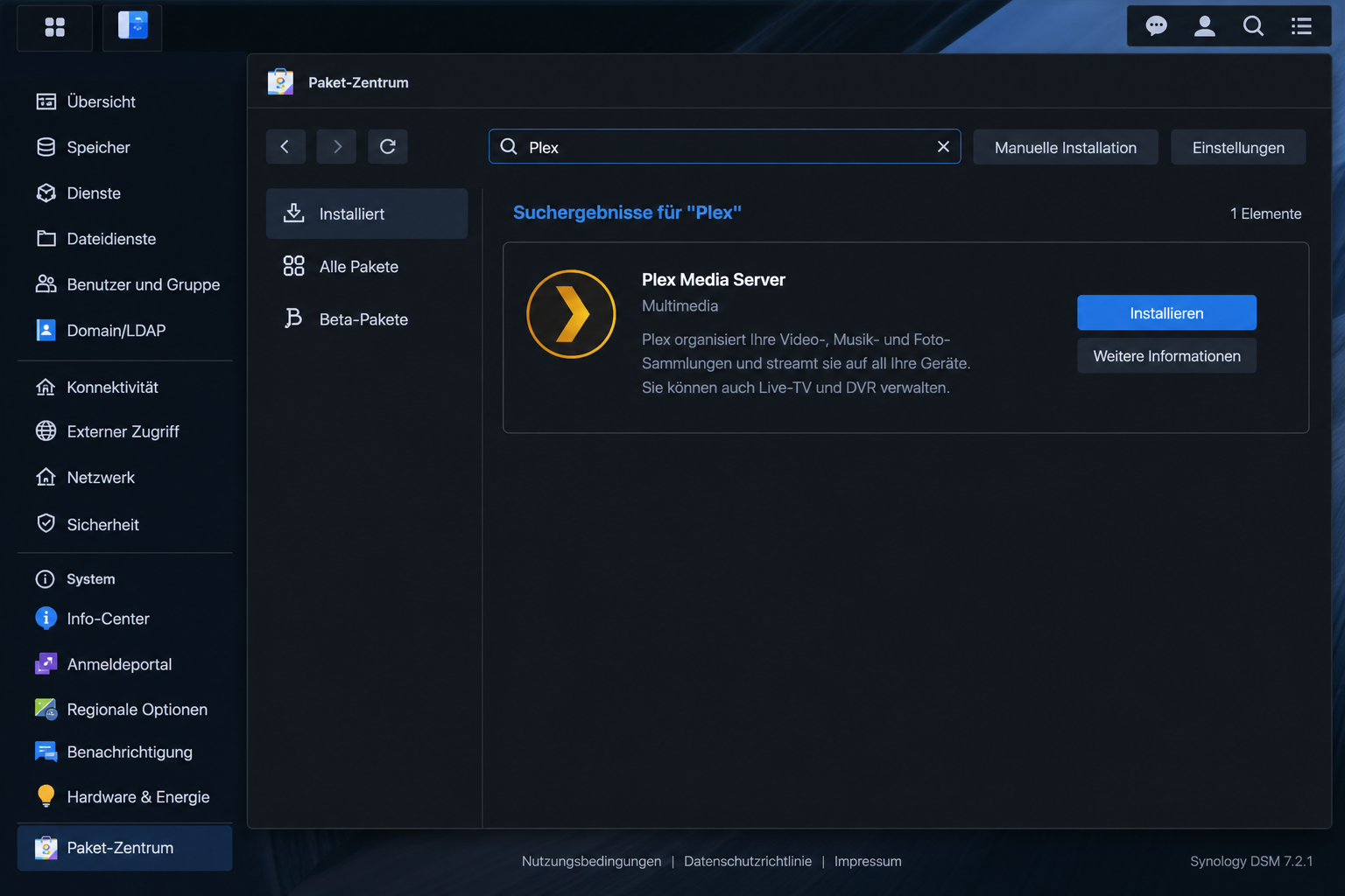Screenshot der DSM 7 Benutzeroberfläche auf Synology NAS, zeigt Installation von Plex Media Server im Paketzentrum