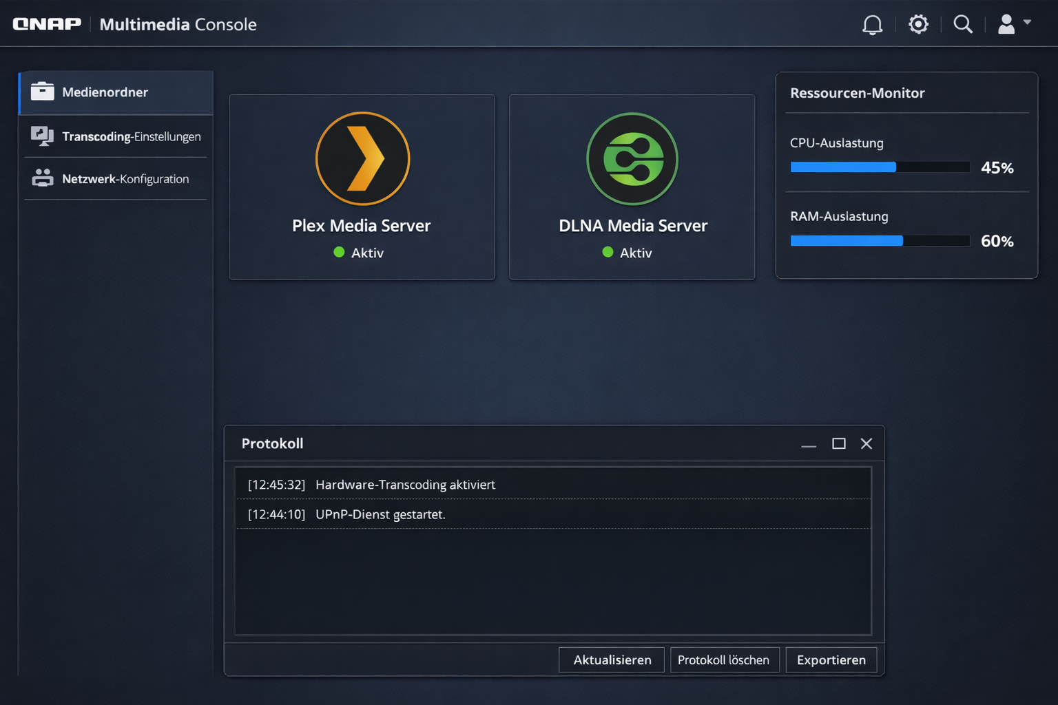 QNAP Multimedia Console Dashboard mit aktiven Plex und DLNA Servern und Ressourcen-Monitoring
