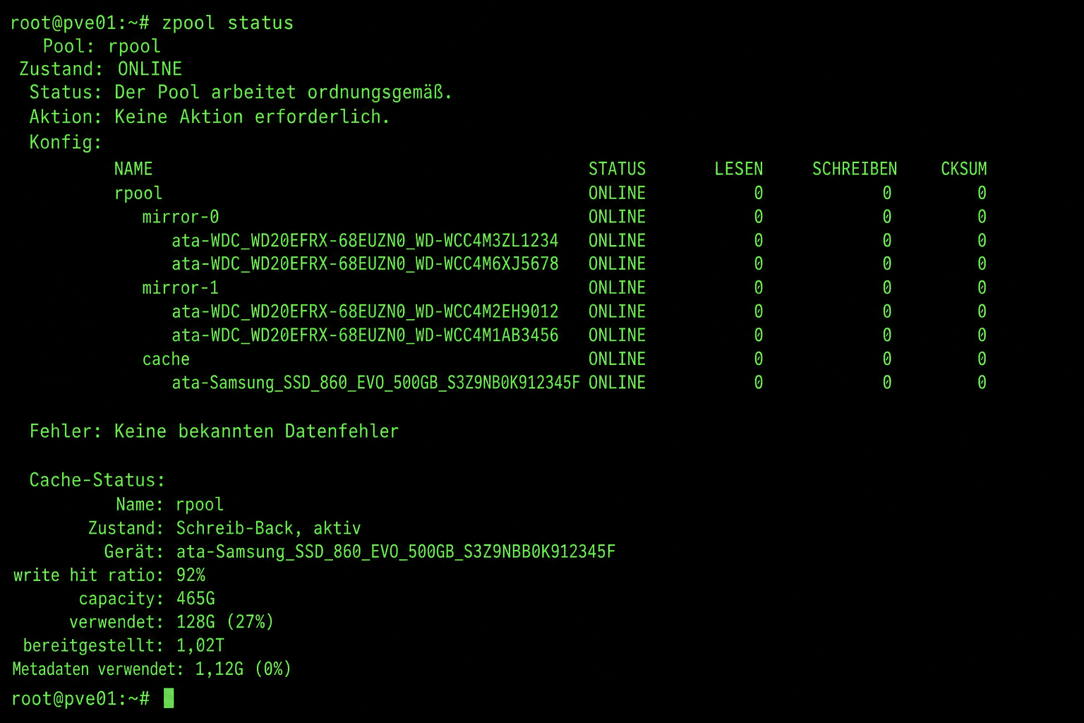 Terminal-Screenshot von ZFS-Statusbericht in Proxmox, zeigt Befehl 'zpool status' und Cache-Status.