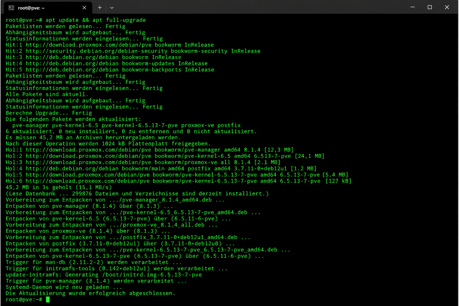 Terminal-Screenshot zur Aktualisierung von Proxmox VE mit apt update und apt full-upgrade