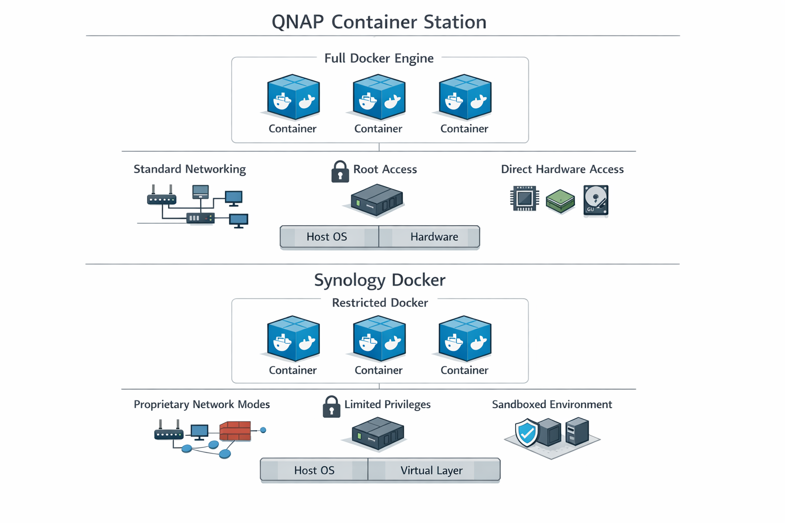 Docker-Architektur Vergleich Synology vs QNAP - Technische Unterschiede der Container-Implementierung