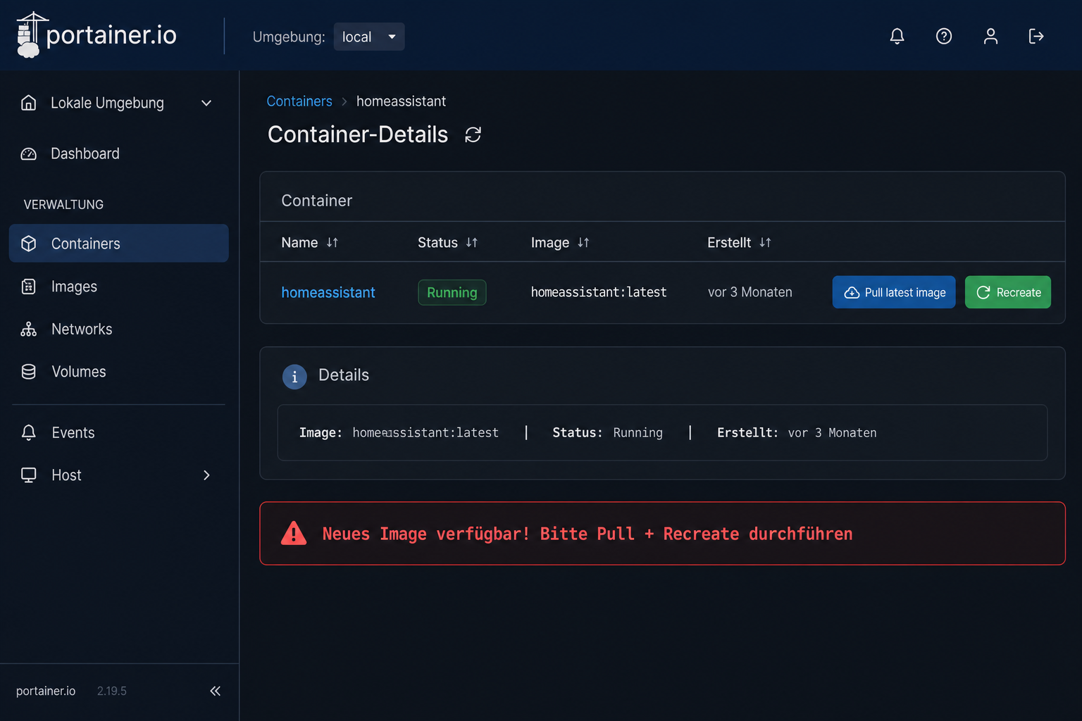 Portainer Web-Interface Screenshot mit Container-Update-Buttons Pull latest image und Recreate