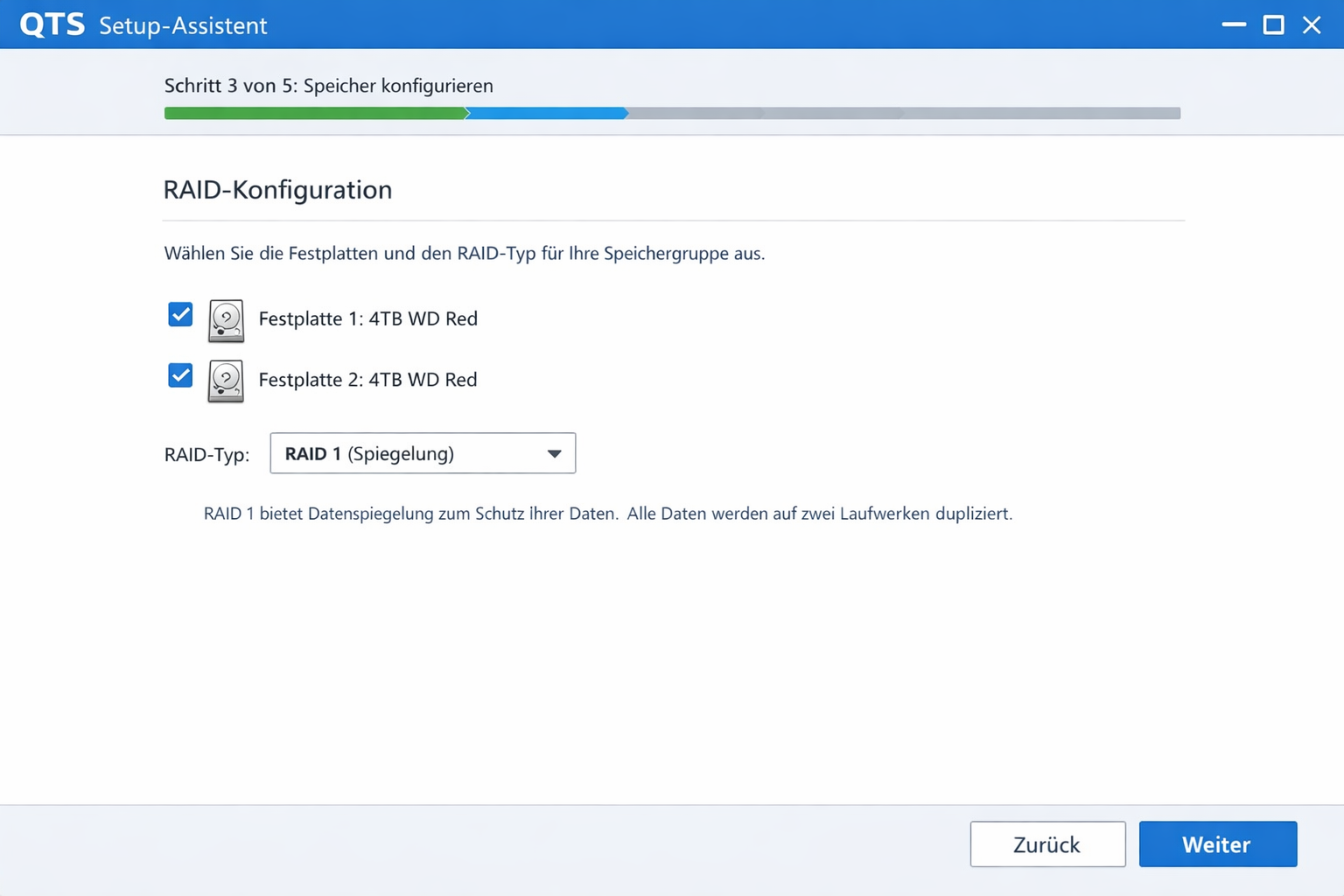QTS Setup-Assistent RAID-Konfiguration mit zwei 4TB Festplatten für RAID 1 Spiegelung