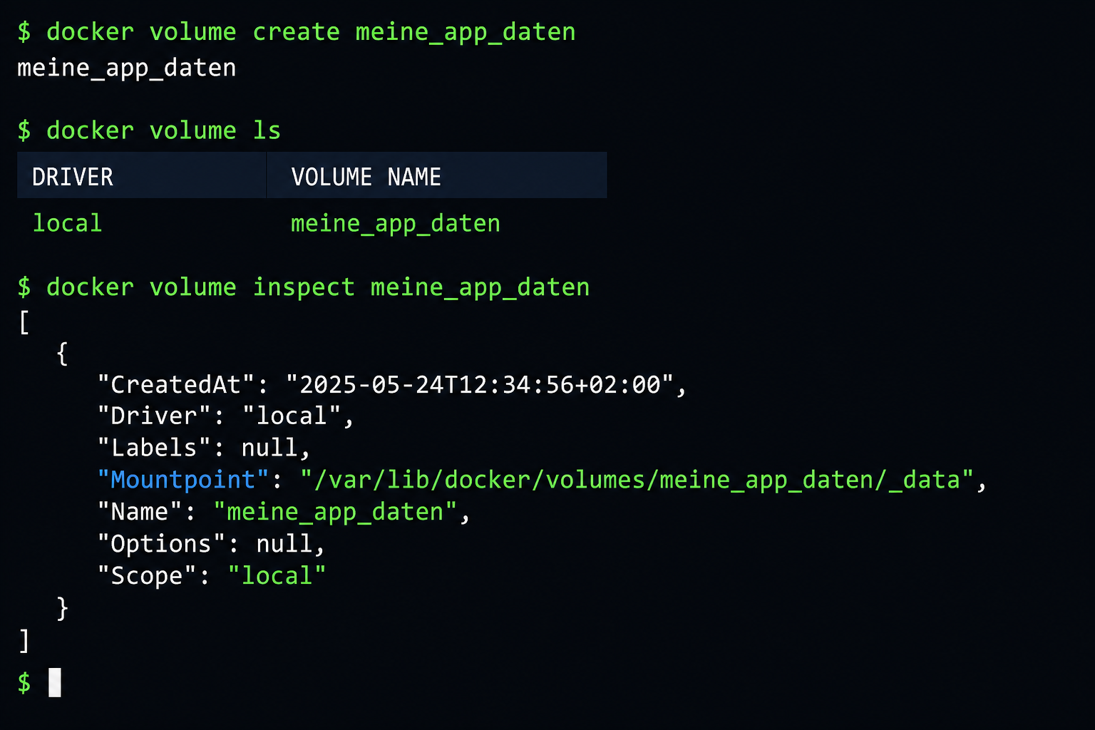 Docker Volume Terminal-Screenshot: docker volume create und inspect Befehle mit Ausgabe