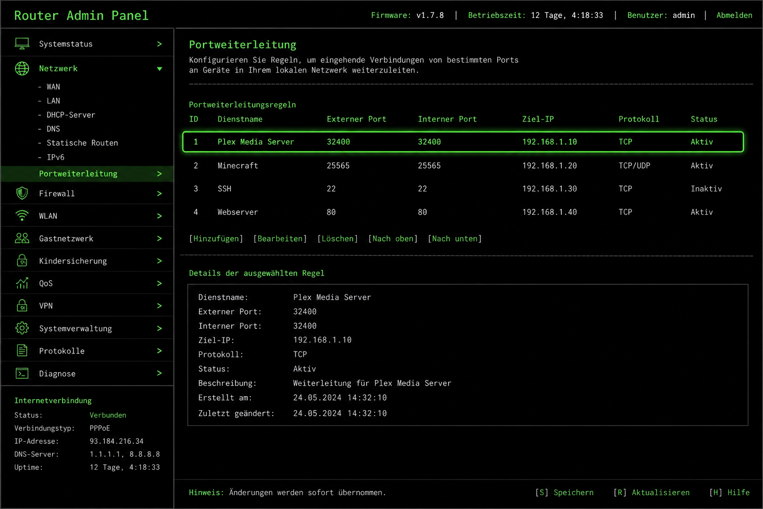 Screenshot des Router-Admin-Panels mit hervorgehobener Portweiterleitungseinstellung für Plex Server