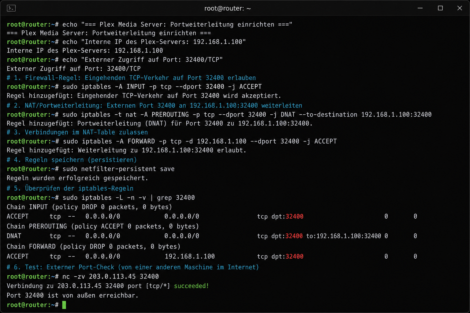 Terminal-Screenshot zeigt Portweiterleitungskonfiguration für Plex Media Server auf einem Router