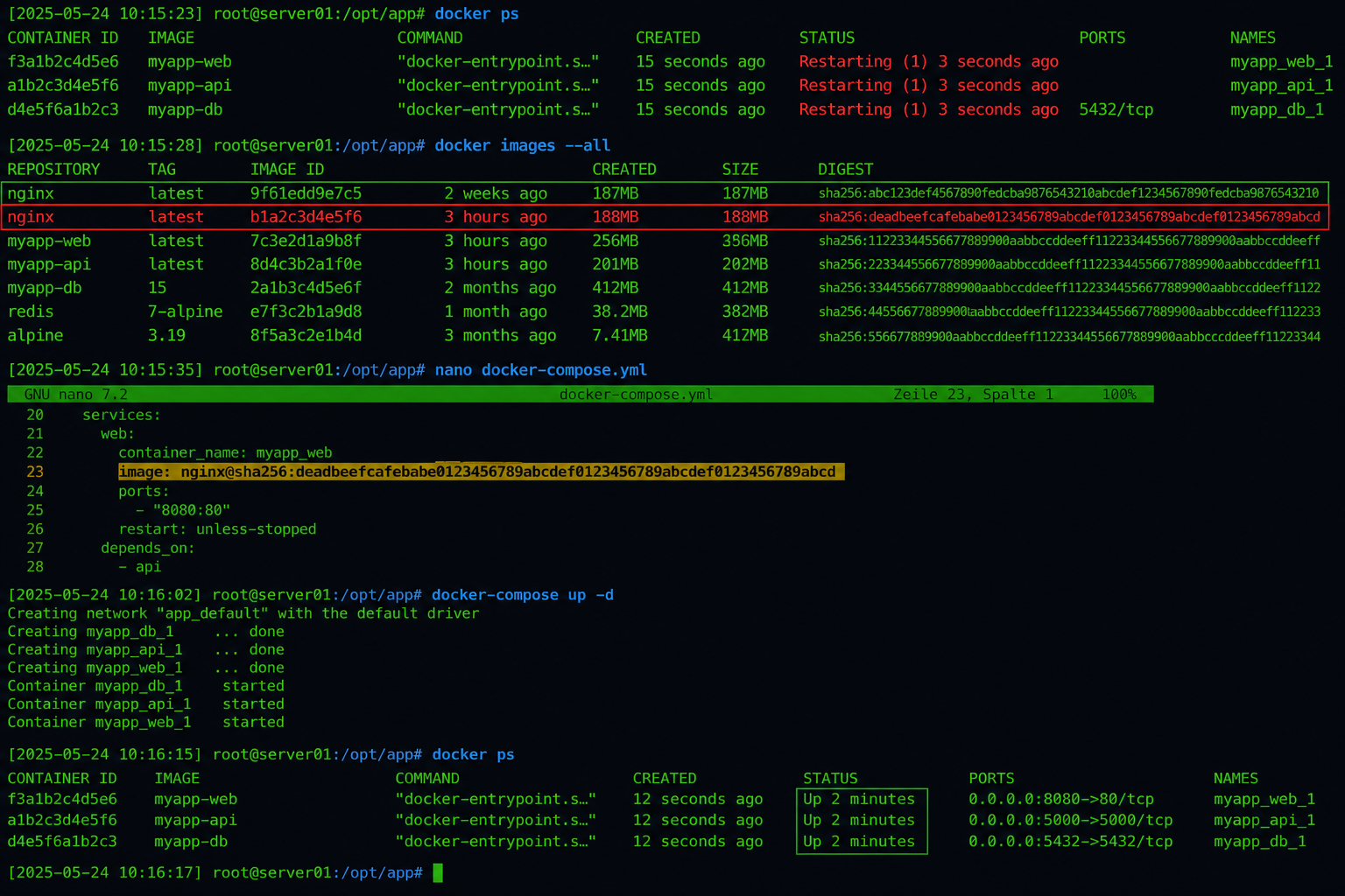 Terminal-Screenshot: Docker Rollback-Sequenz zeigt fehlerhafte Container, Image-Auswahl mit SHA256, docker-compose.yml Bearbeitung und erfolgreicher Neustart