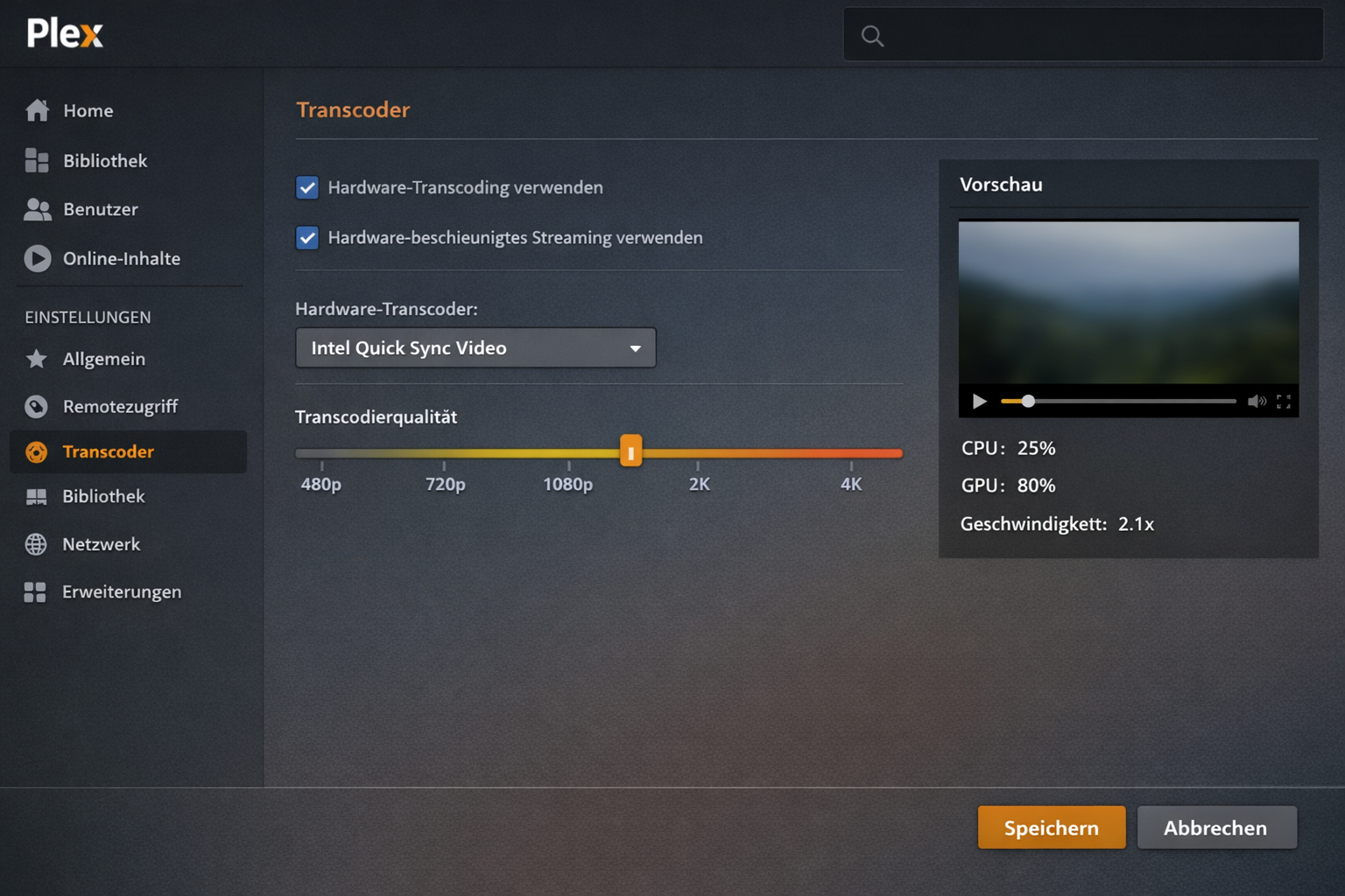 Plex Media Server Transcoder-Einstellungen mit aktiviertem Intel Quick Sync Hardware-Transcoding