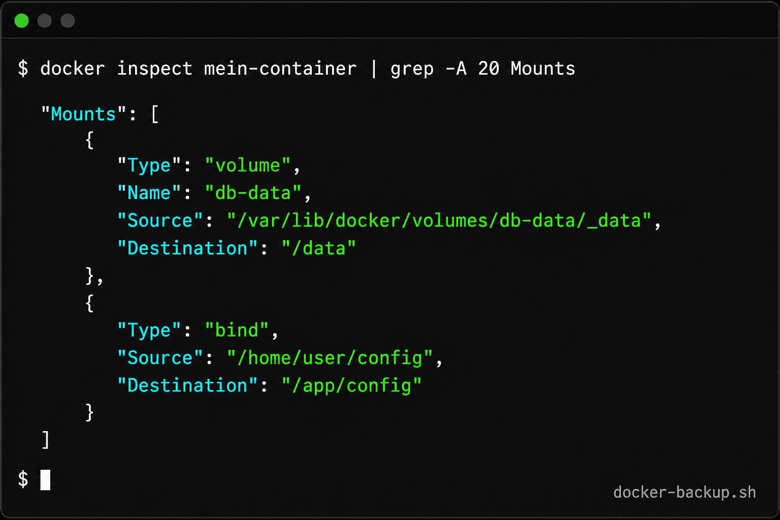 Terminal Screenshot zeigt docker inspect Befehl mit Volumes und Bind Mounts in JSON-Format