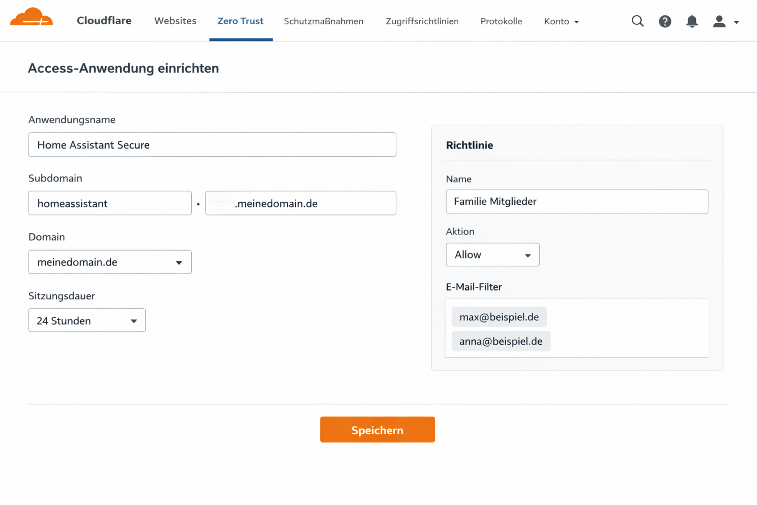 Cloudflare Access Dashboard zeigt konfigurierte Application mit Family Access Policy