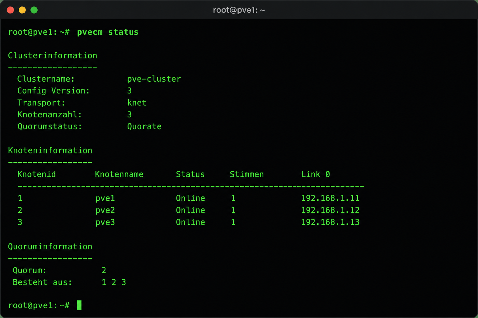Terminal-Screenshot der Cluster-Statusüberprüfung in Proxmox mit pvecm status