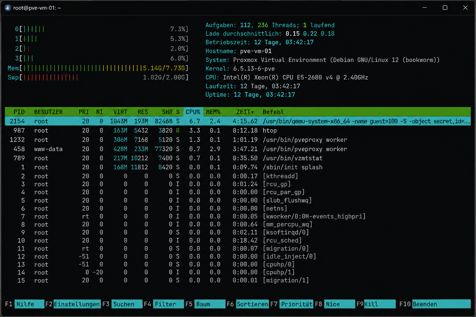 Terminal-Screenshot zeigt 'htop' zur Prozessüberwachung in einer Proxmox VM mit deutscher Beschriftung.