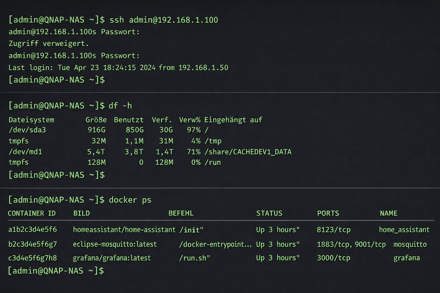 QNAP NAS Terminal SSH-Zugriff mit Docker Container-Verwaltung und deutschen Systembefehlen